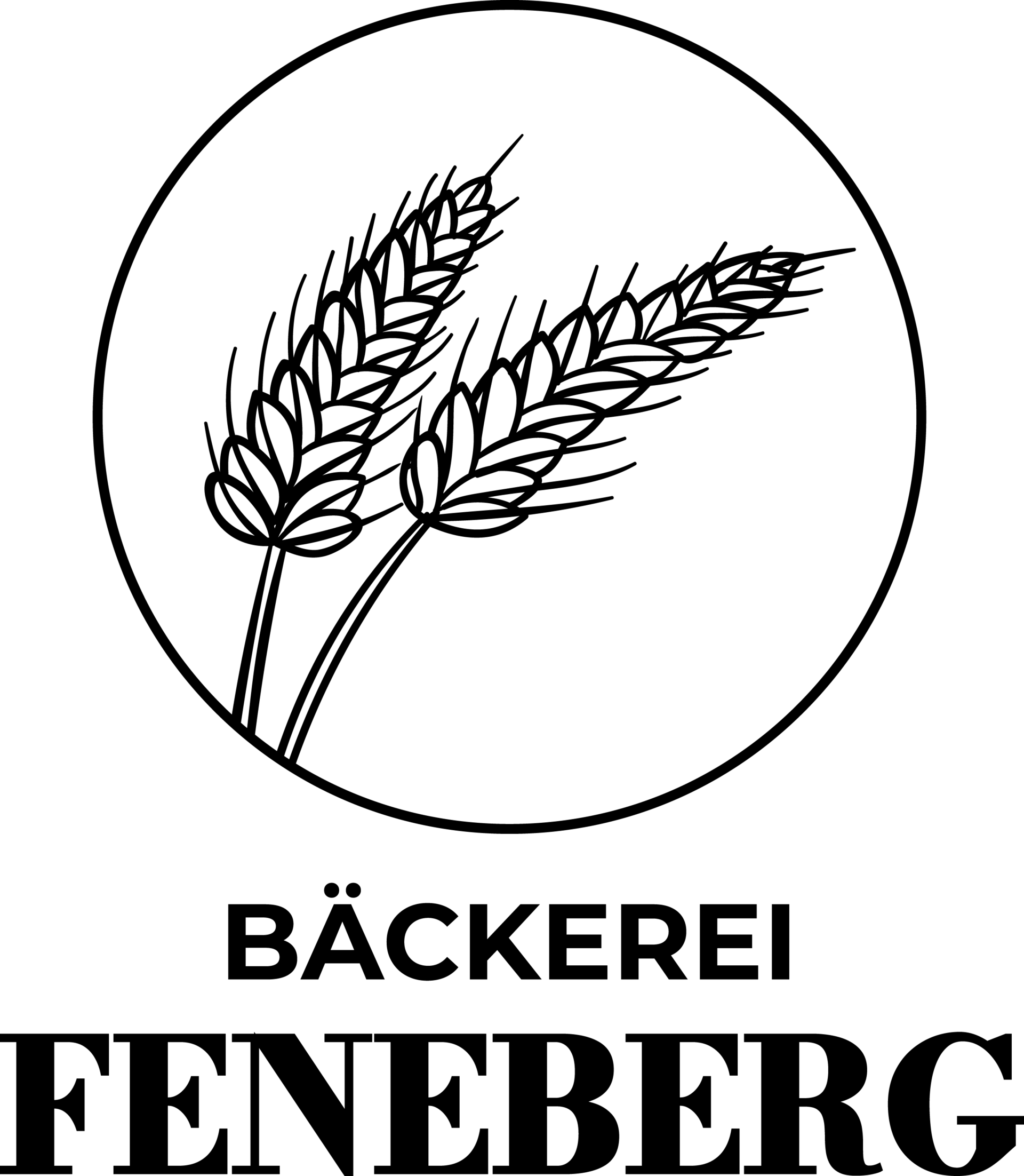 Logo der Bäckerei Feneberg, ein Getreide im Kreis und darunter steht ins schwarzer Schrift Bäckerei Feneberg