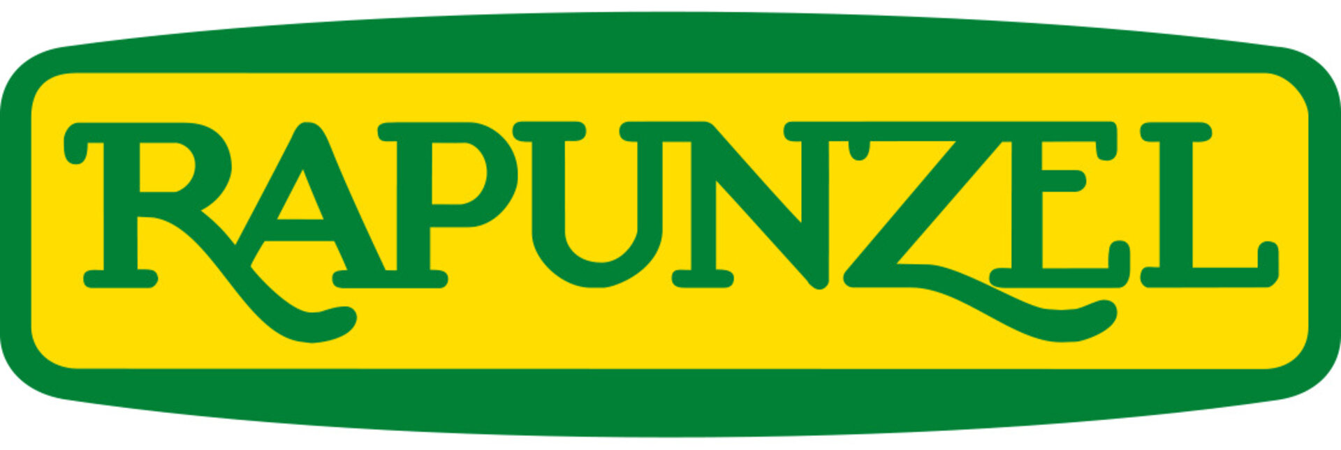 Logo von Rapunzel. Grüner Schriftzug auf gelbem Hintergrund.